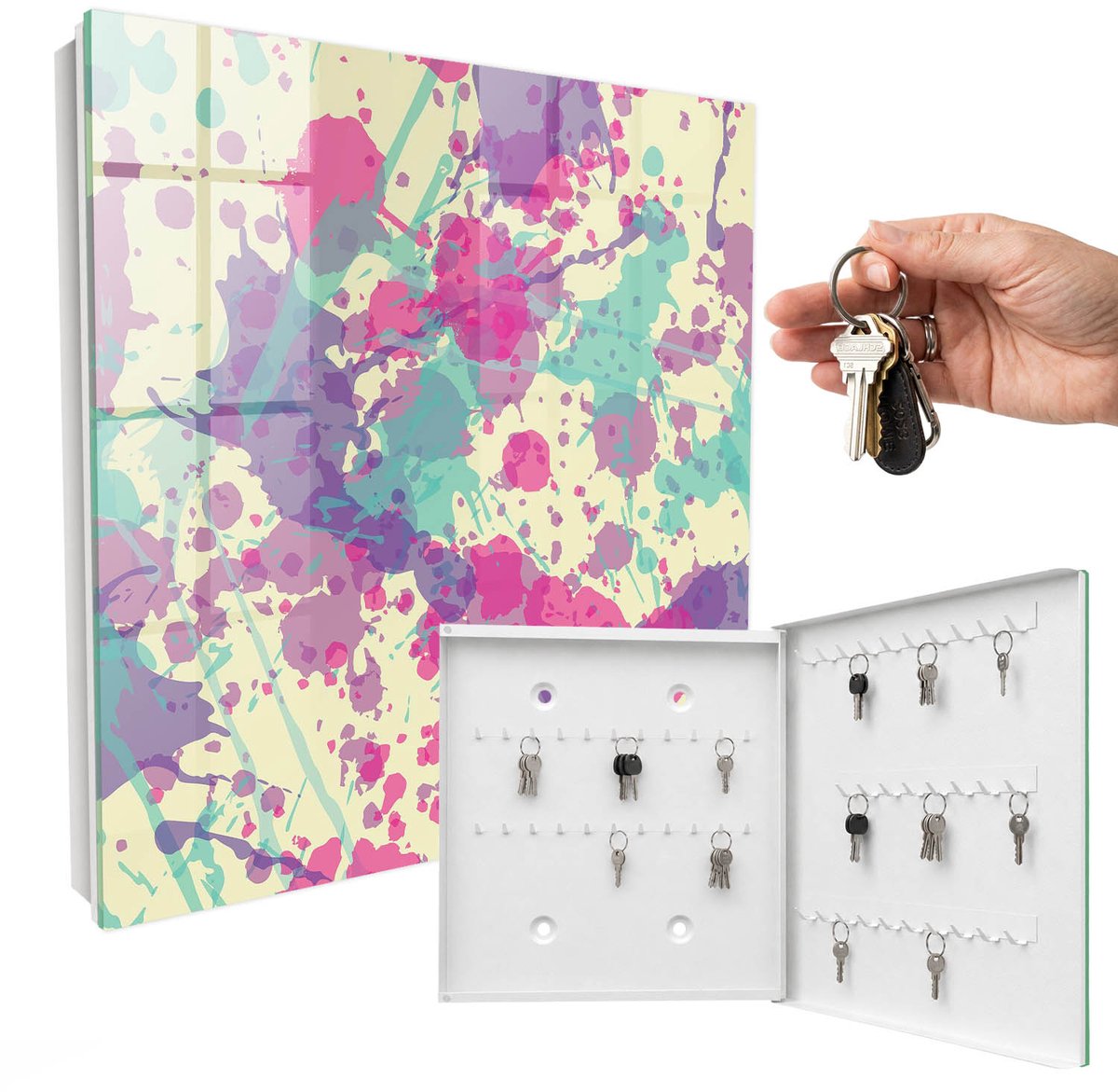 WallMuralia - Sleutelkast - 30x30x5 cm - met 50 haken - Kleurrijke Chaos Sleutelkastje Huis - Roze Sleutelbox - Rechtsopenend - Wit interieur