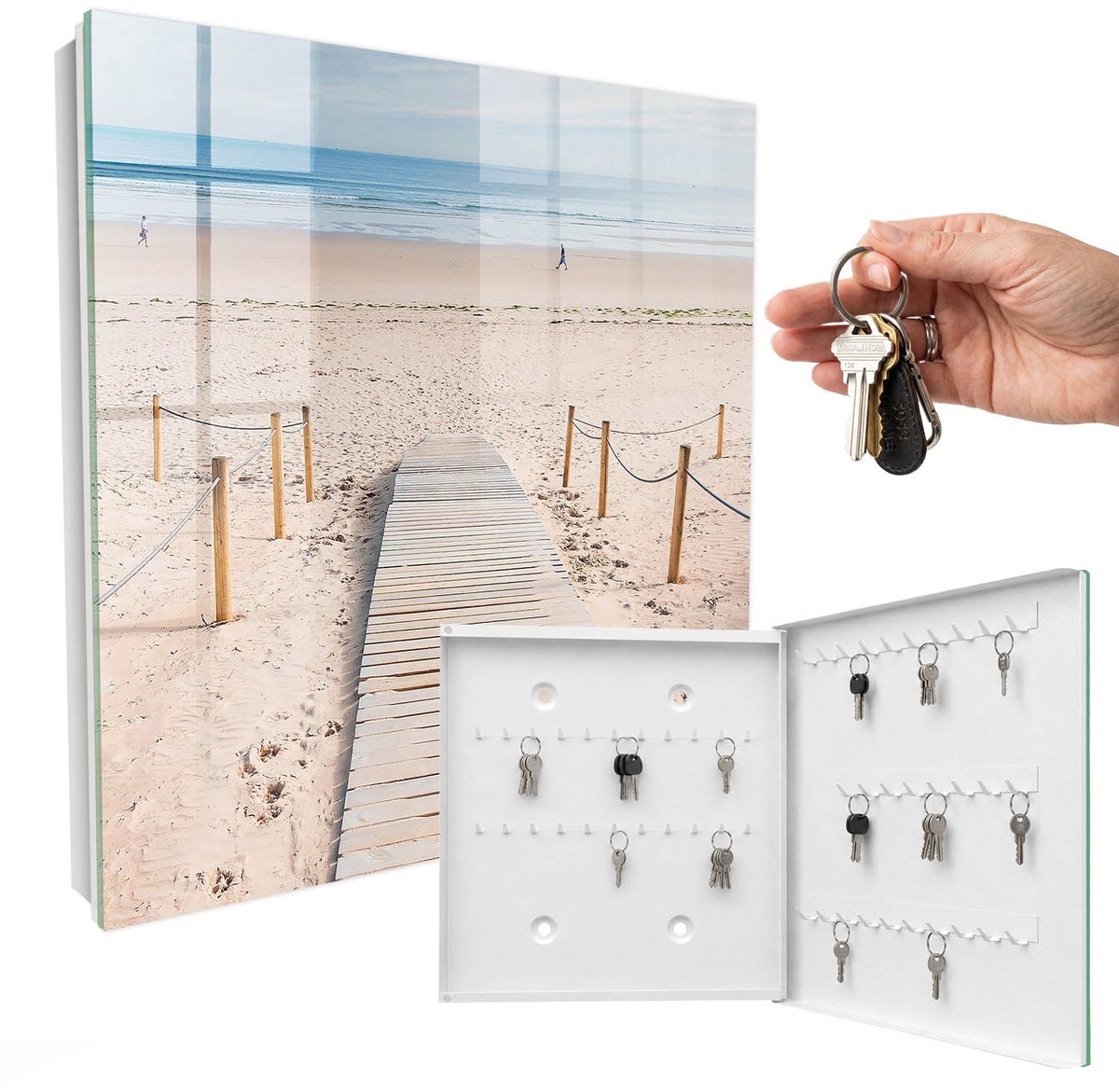 WallMuralia - Sleutelkast - 30x30x5 cm - met 50 haken - Zeestrand Sleutelkastje Voor Binnen - Beige Sleutelbox - Rechtsopenend - Wit interieur