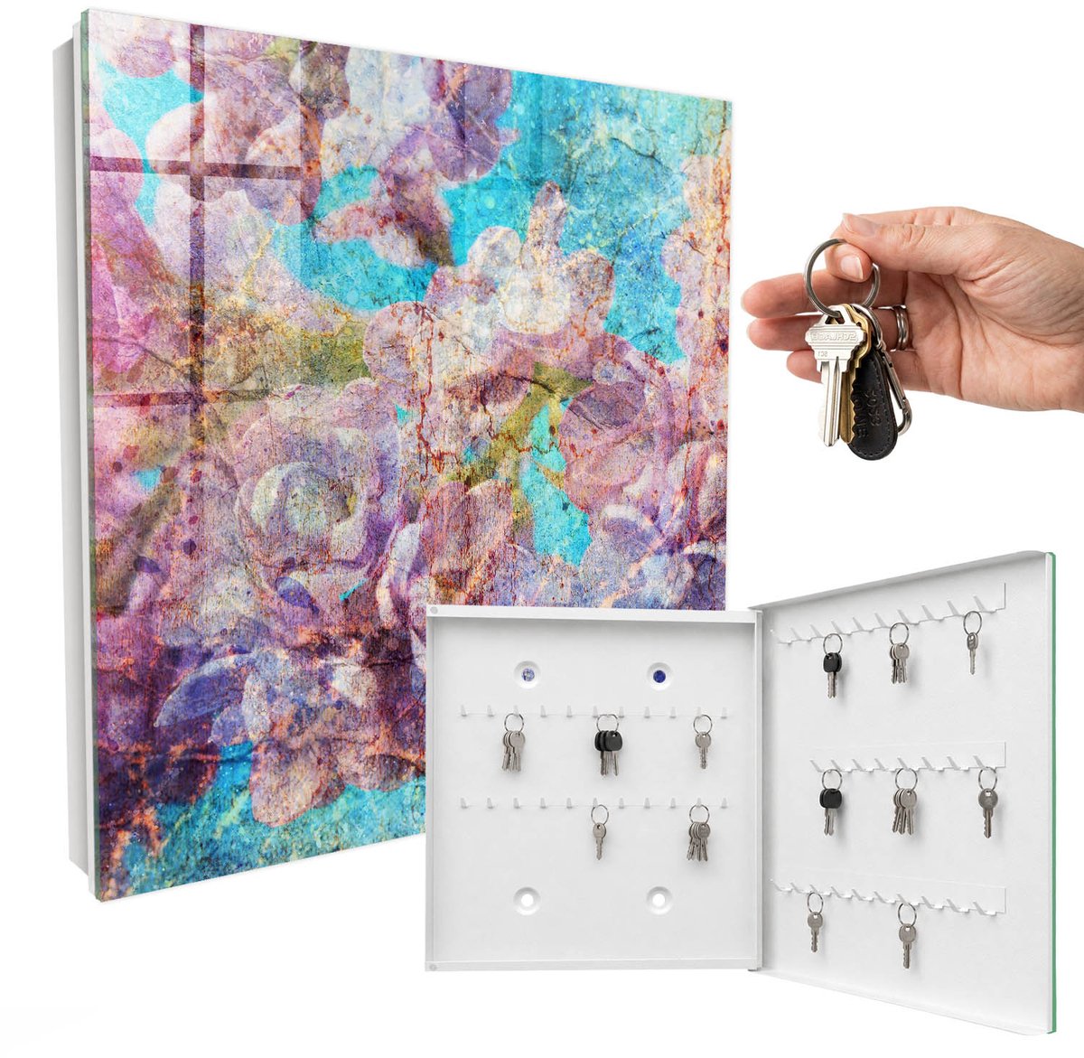 WallMuralia - Sleutelkast - 30x30x5 cm - met 50 haken - Kleurrijke Bloemen Groot Sleutelkastje - Blauw Sleutelbox - Rechtsopenend - Wit interieur
