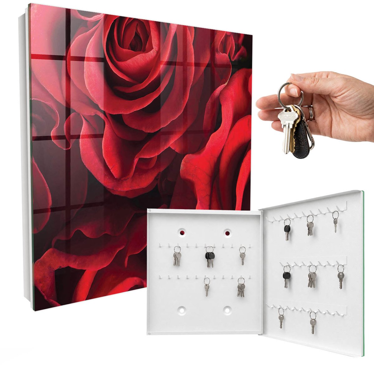 WallMuralia - Sleutelkast - 30x30x5 cm - met 50 haken - Rode Rozen Sleutelkastje Design - Rood Sleutelbox - Rechtsopenend - Wit interieur