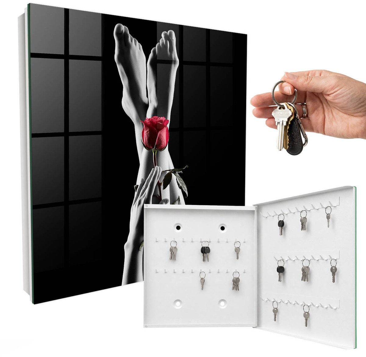 WallMuralia - Sleutelkast - 30x30x5 cm - met 50 haken - De Elegantie Van Een Roos Groot Sleutelkastje - Zwart Sleutelbox - Rechtsopenend - Wit interieur