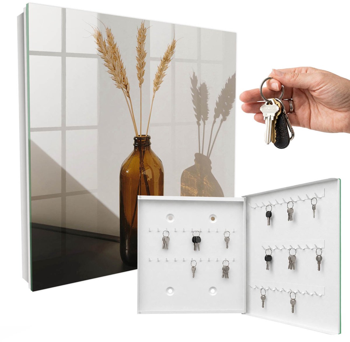 WallMuralia - Sleutelkast - 30x30x5 cm - met 50 haken - Een Fles Ontbijtgranen Sleutelkastje Huis - Beige Sleutelbox - Rechtsopenend - Wit interieur