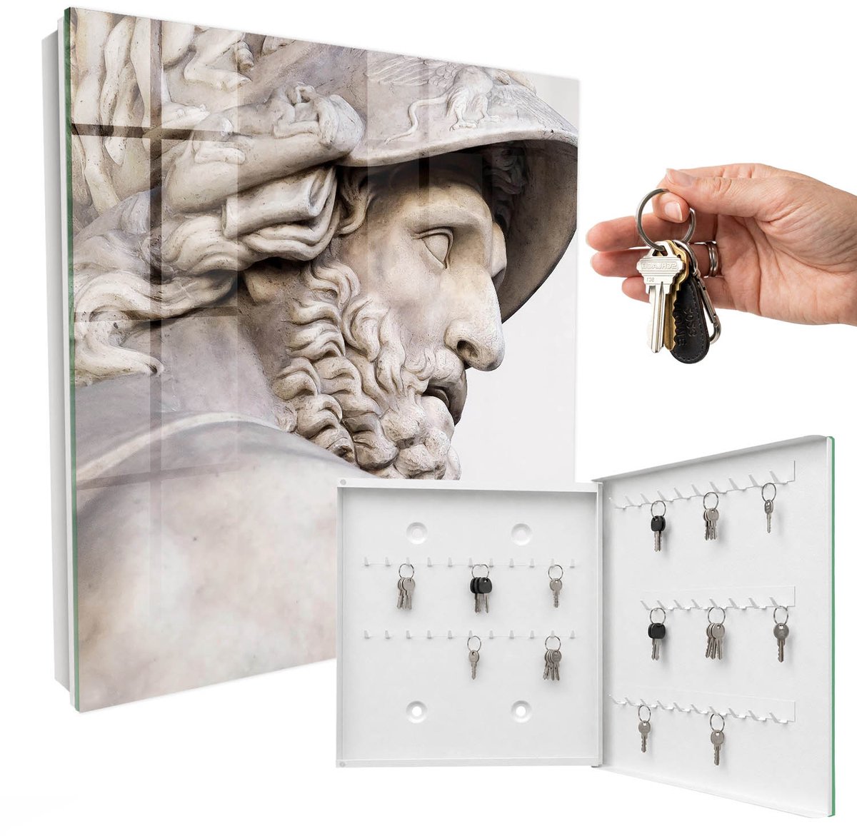 WallMuralia - Sleutelkast - 30x30x5 cm - met 50 haken - Antieke Elegantie Sleutelkastje Muur - Beige Sleutelbox - Rechtsopenend - Wit interieur