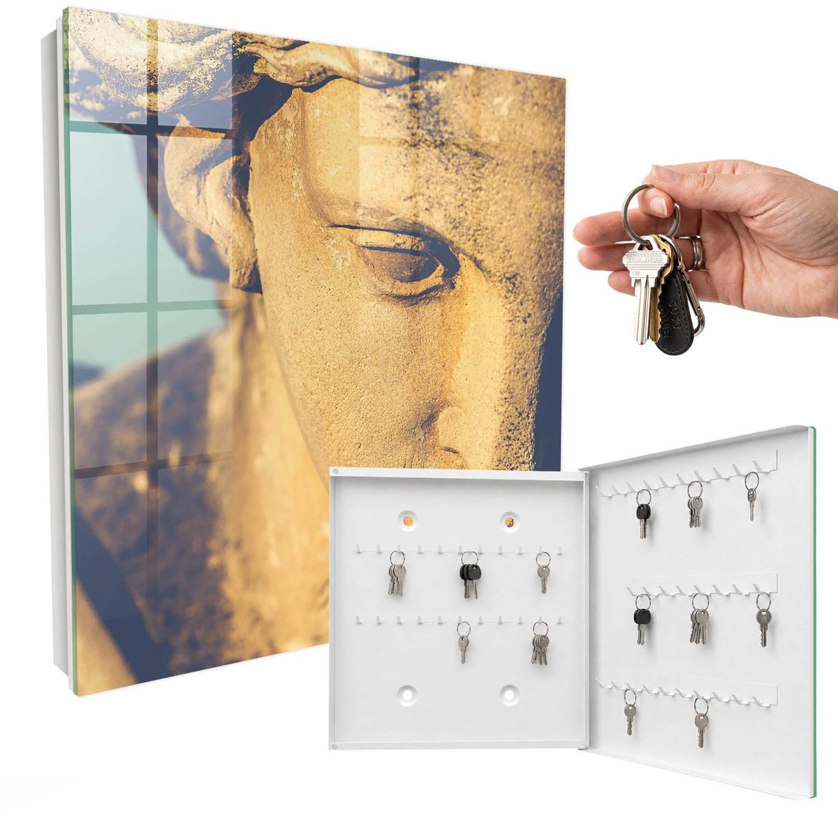 WallMuralia - Sleutelkast - 30x30x5 cm - met 50 haken - Stille Elegantie Sleutelkastje Design - Geel Sleutelbox - Rechtsopenend - Wit interieur