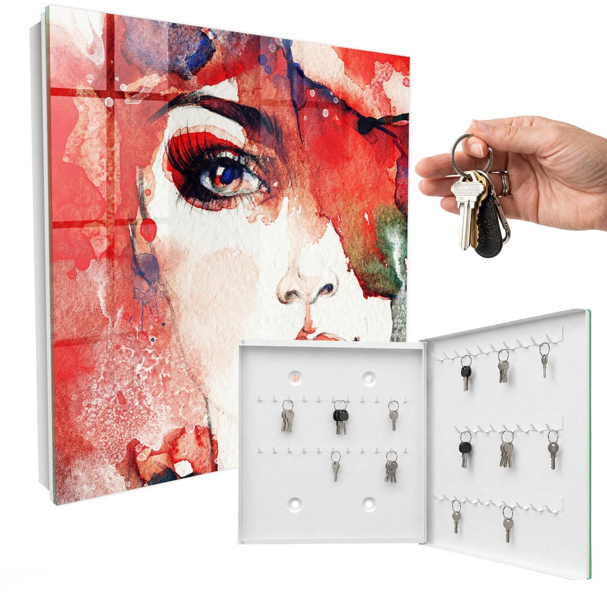 WallMuralia - Sleutelkast - 30x30x5 cm - met 50 haken - Portret Van Een Vrouw Sleutelkastje Industrieel - Rood Sleutelbox - Rechtsopenend - Wit interieur
