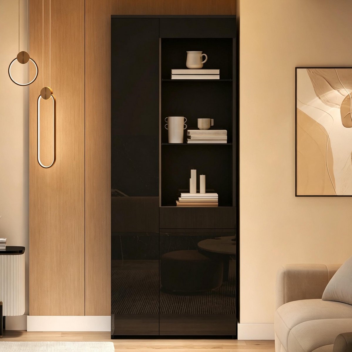 MIVRAY Vitrinekast - Hoogglans Met Ledverlichting En Lade - Voor Woonkamer - Spaanplaat En Gehard Glas - Zwart - 70 X 35 X 180 Cm