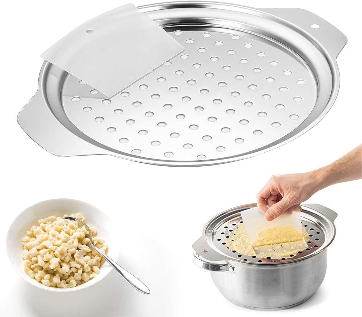 Spätzlepers van roestvrij staal, voor pannen van 24-28 cm met schraper, alternatief voor spätzleplank, hoogwaardig roestvrij staal, vaatwasmachinebestendig