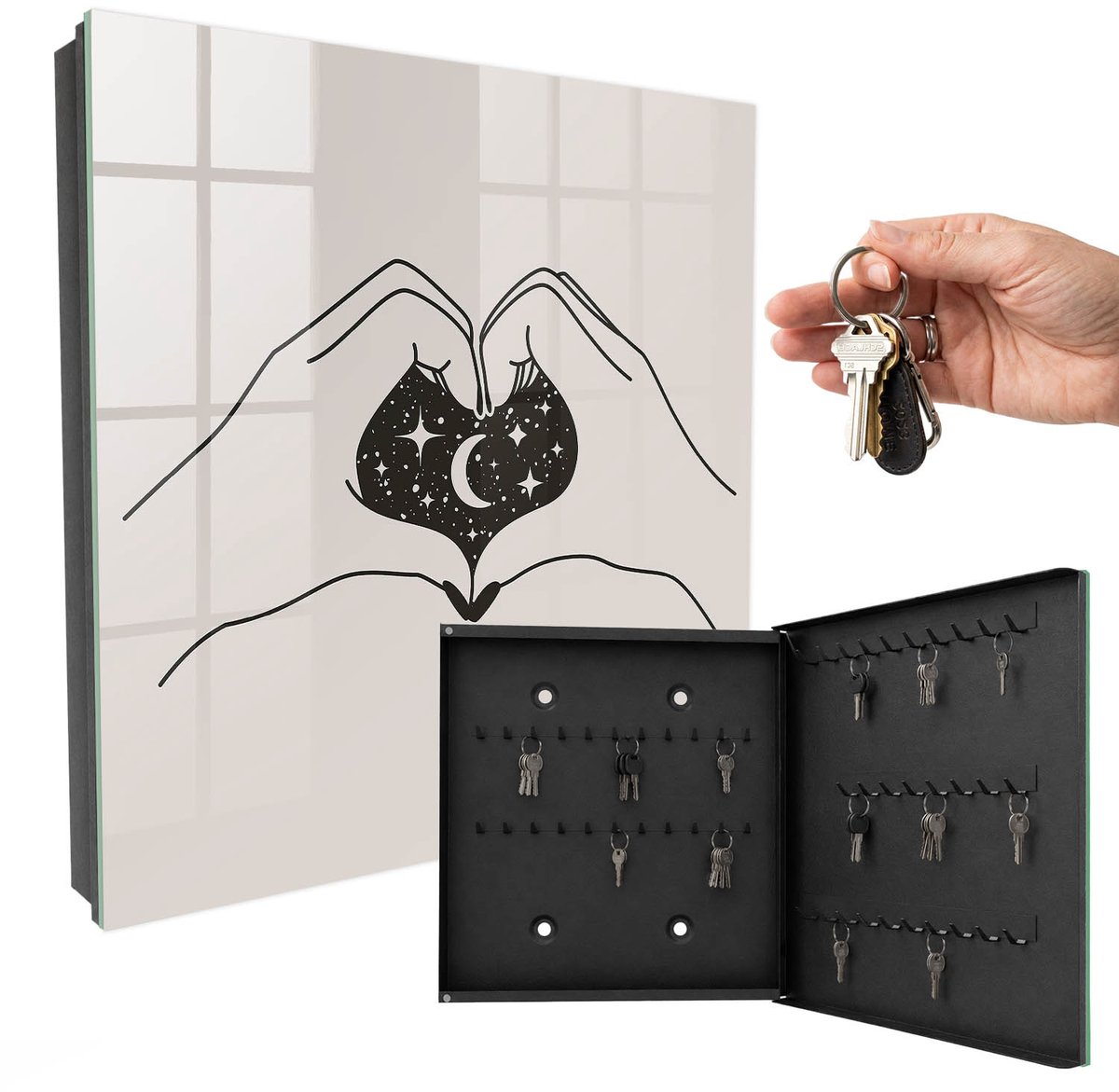 WallMuralia - Sleutelkast - 30x30x5 cm - met 50 haken - De Kosmos Van Het Hart Sleutelkastje Huis - Zwart-Wit Sleutelbox - Rechtsopenend - Zwart interieur