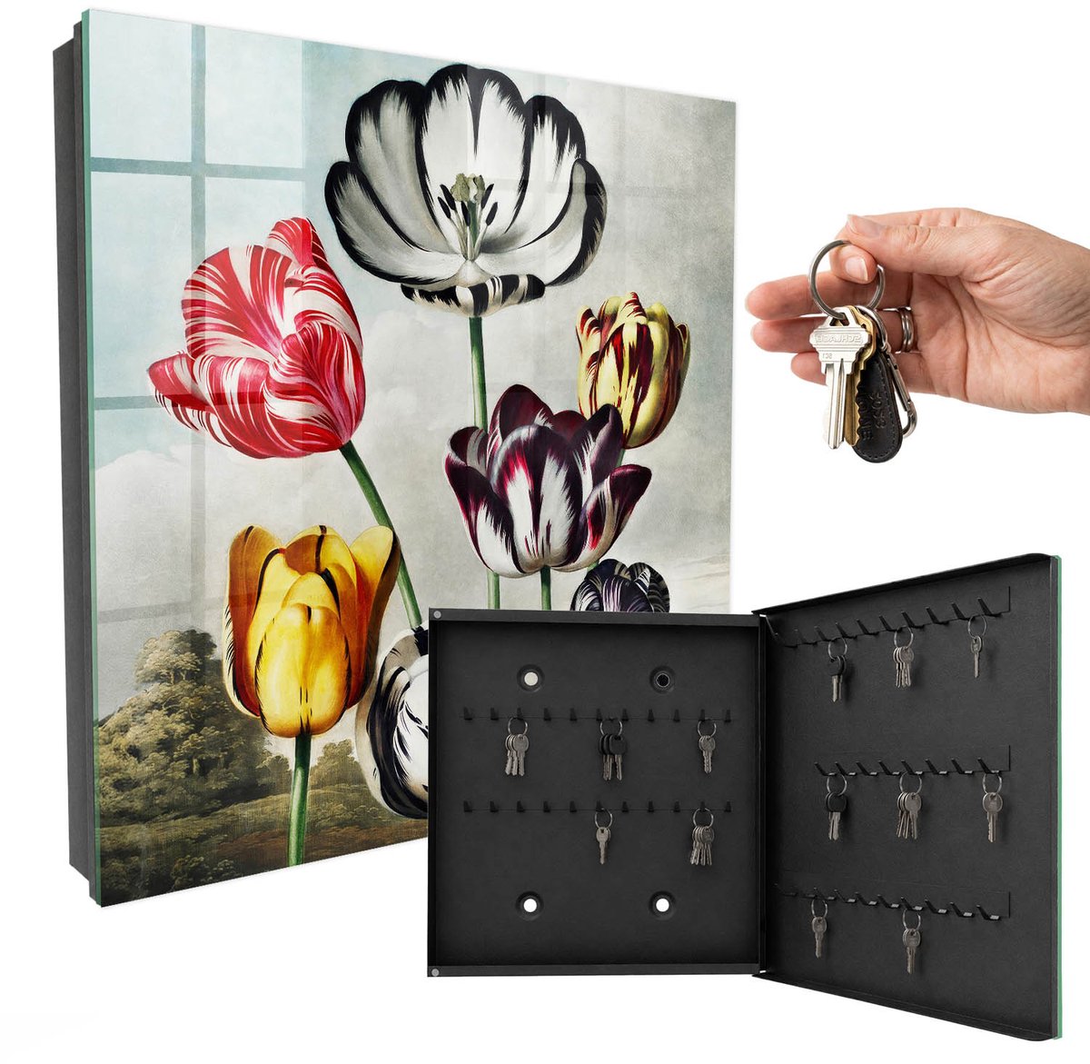 WallMuralia - Sleutelkast - 30x30x5 cm - met 50 haken - Retro Tulpen Sleutelkastje Modern - Rood Sleutelbox - Rechtsopenend - Zwart interieur