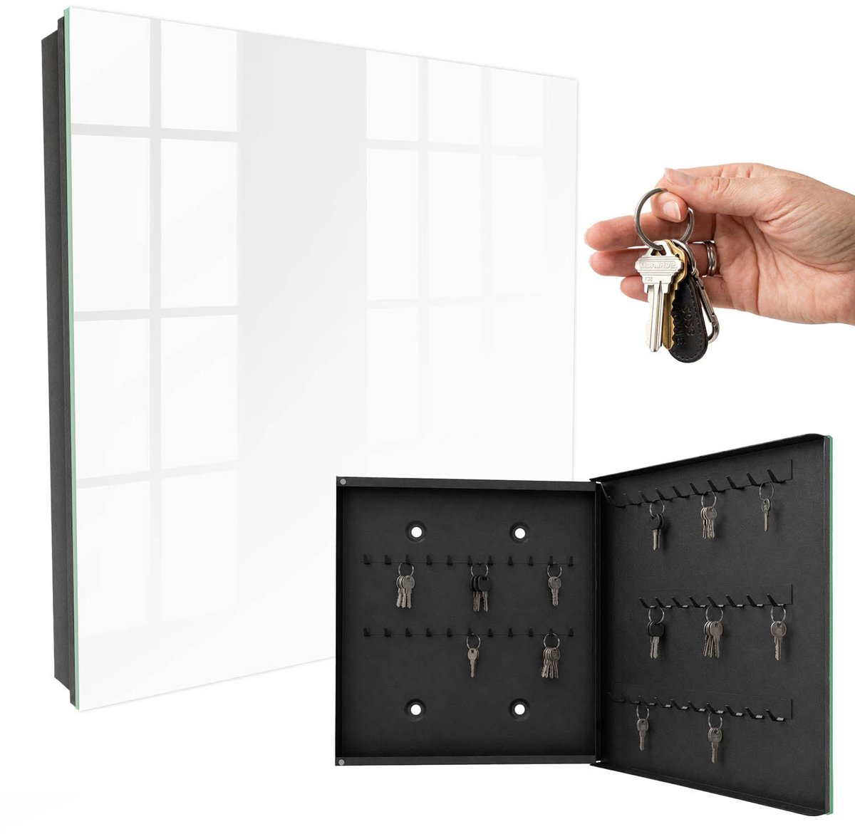 WallMuralia - Sleutelkast - 30x30x5 cm - met 50 haken - Wit Sleutelkastje Klein - Wit Sleutelbox - Rechtsopenend - Zwart interieur