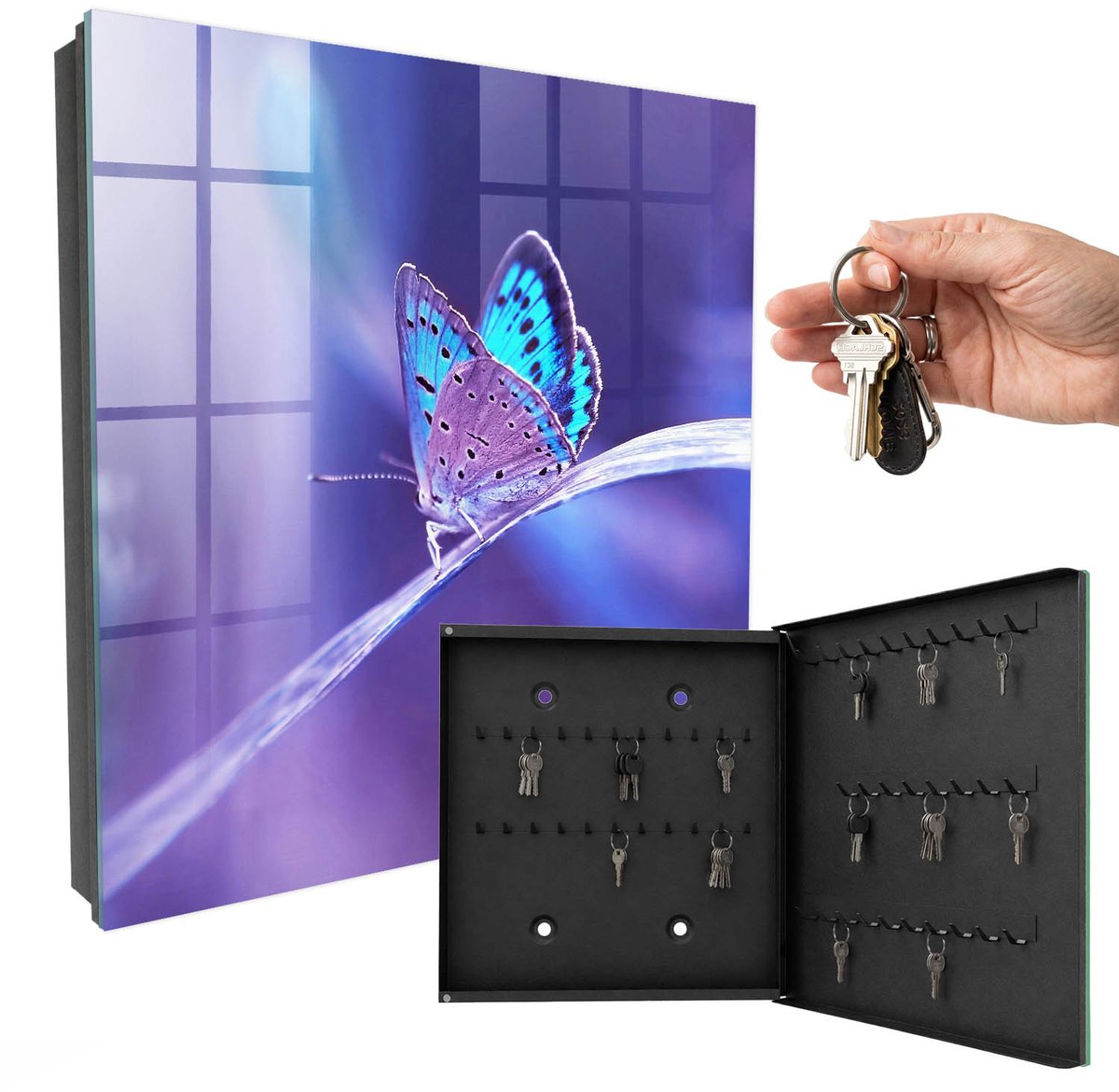 WallMuralia - Sleutelkast - 30x30x5 cm - met 50 haken - Kleurrijke Vlinder Sleutelkastje Gang - Paars Sleutelbox - Rechtsopenend - Zwart interieur