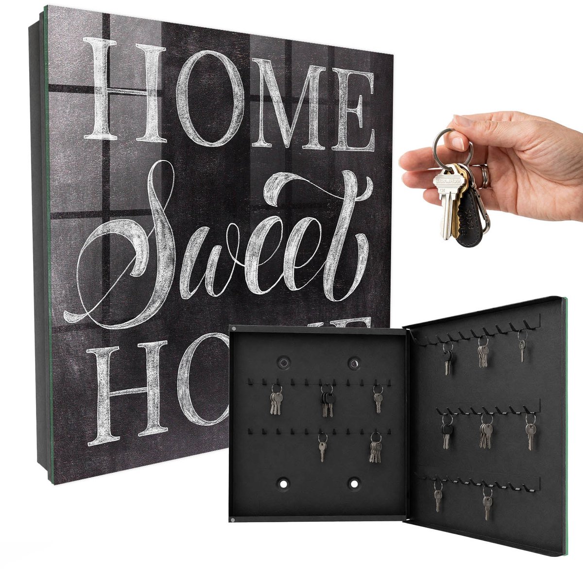 WallMuralia - Sleutelkast - 30x30x5 cm - met 50 haken - Thuis Is Waar Het Hart Is Sleutelkastje Hal - Zwart Sleutelbox - Rechtsopenend - Zwart interieur