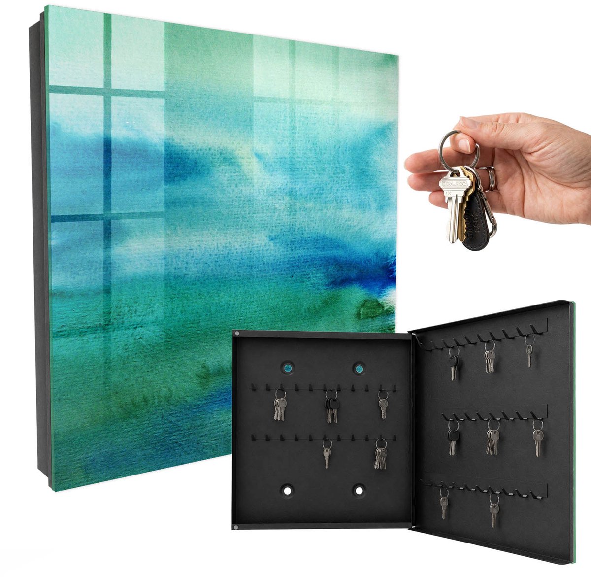WallMuralia - Sleutelkast - 30x30x5 cm - met 50 haken - Aquarelblauw Sleutelkastje Huis - Blauw Sleutelbox - Rechtsopenend - Zwart interieur