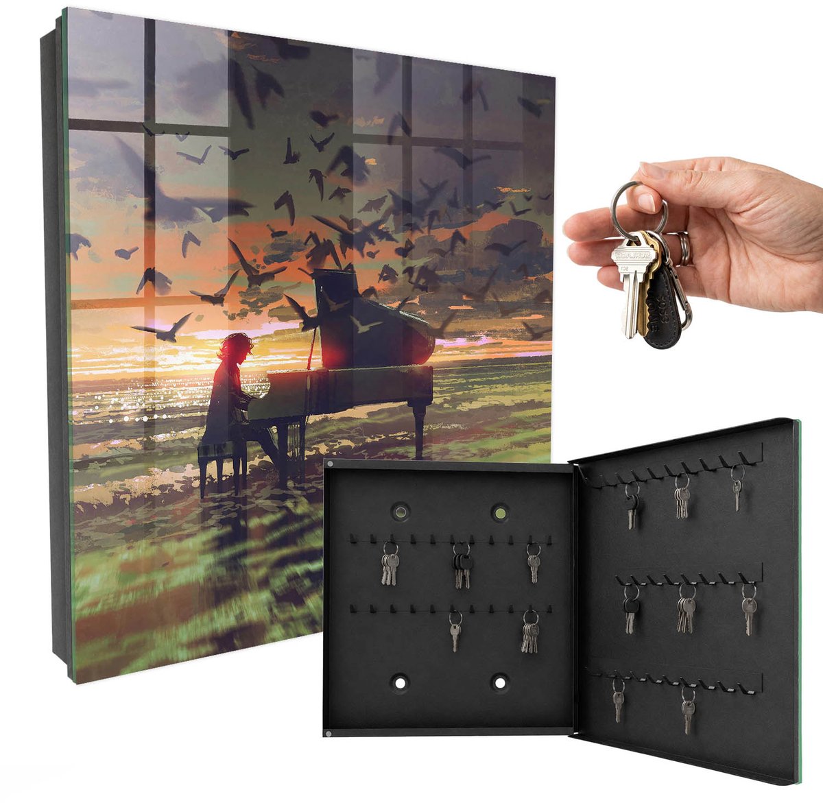 WallMuralia - Sleutelkast - 30x30x5 cm - met 50 haken - Harmonie Van De Natuur Sleutelkastje Industrieel - Oranje Sleutelbox - Rechtsopenend - Zwart interieur