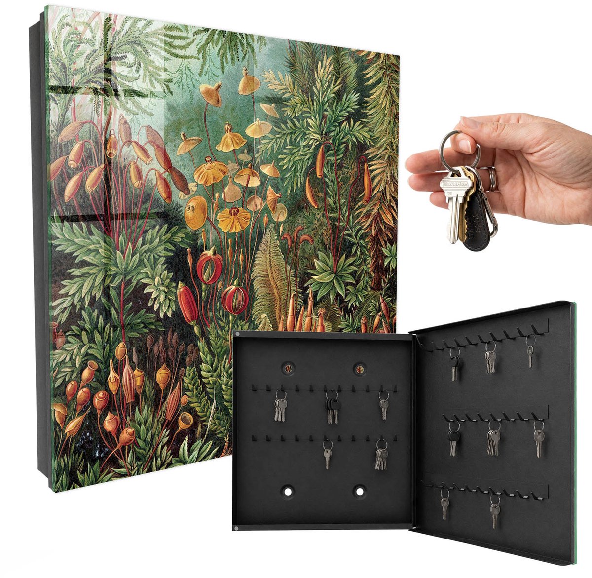 WallMuralia - Sleutelkast - 30x30x5 cm - met 50 haken - Groene Bladeren Groot Sleutelkastje - Groente Sleutelbox - Rechtsopenend - Zwart interieur