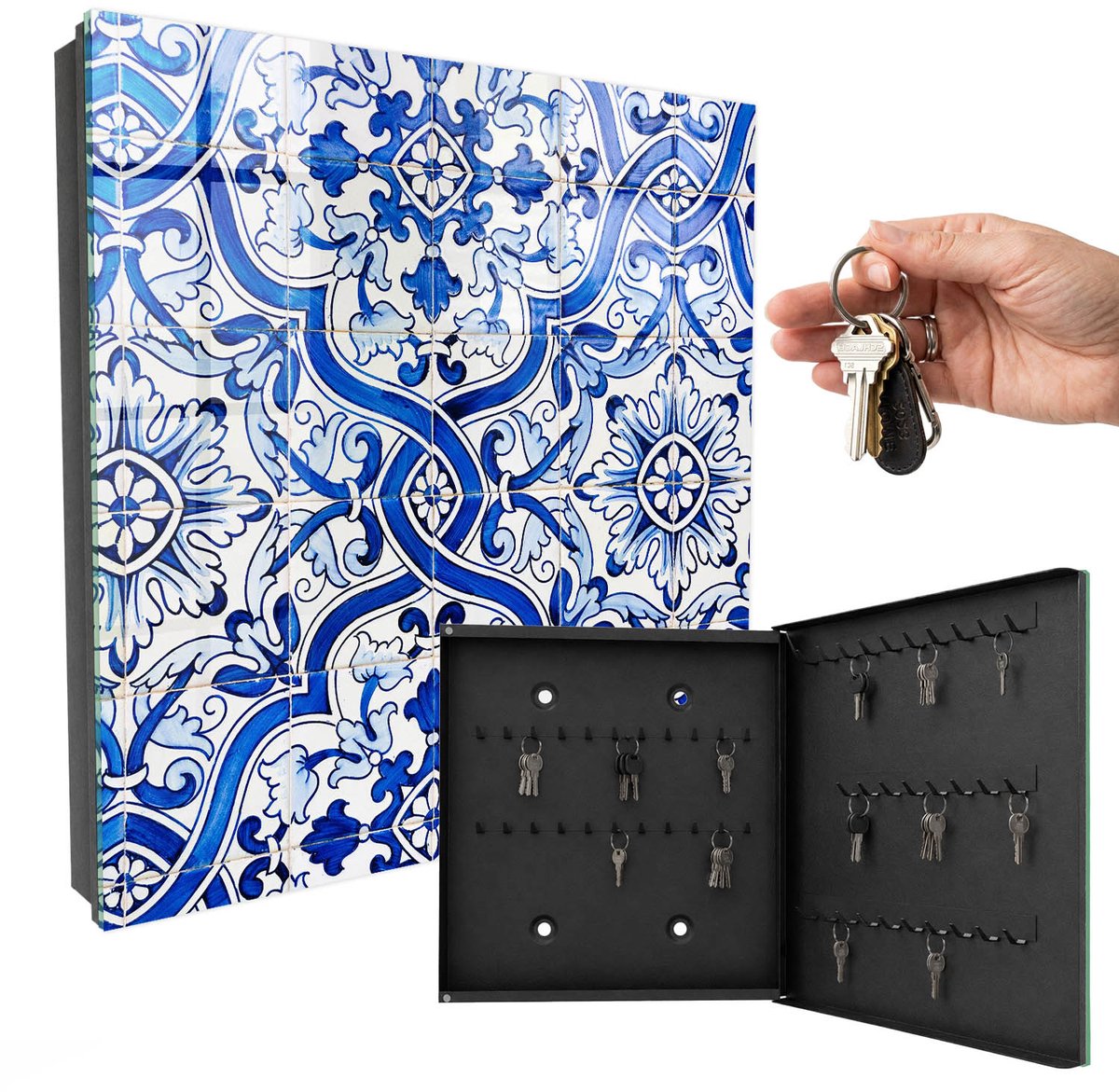 WallMuralia - Sleutelkast - 30x30x5 cm - met 50 haken - Decoratieve Tegels Sleutelkastje Huis - Blauw Sleutelbox - Rechtsopenend - Zwart interieur