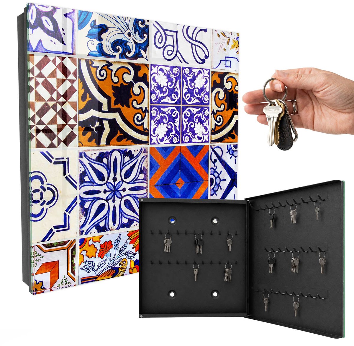 WallMuralia - Sleutelkast - 30x30x5 cm - met 50 haken - Kleurrijke Tegels Sleutelkastje Muur - Blauw Sleutelbox - Rechtsopenend - Zwart interieur