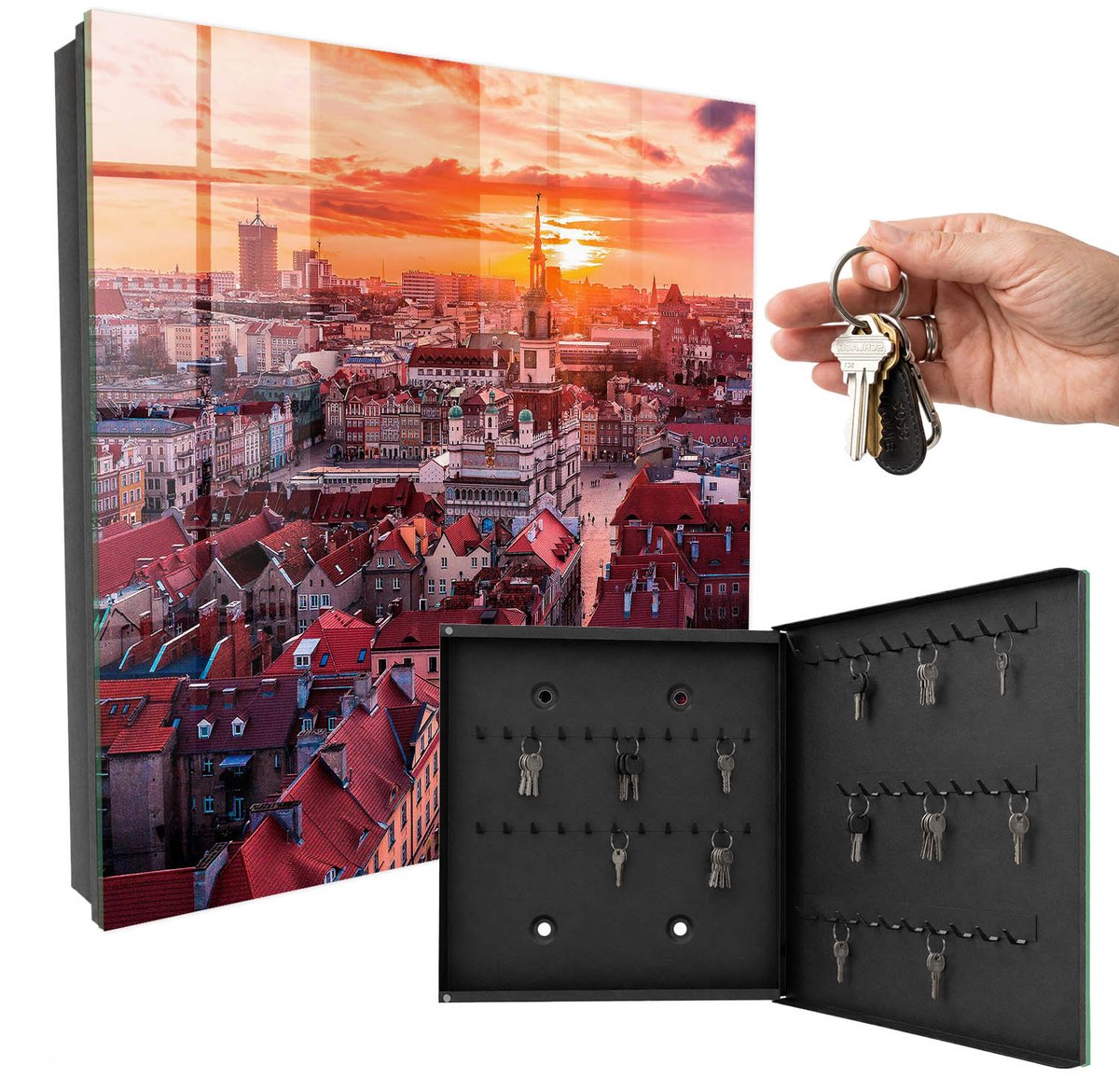WallMuralia - Sleutelkast - 30x30x5 cm - met 50 haken - Zonsondergang Sleutelkastje Binnen - Oranje Sleutelbox - Rechtsopenend - Zwart interieur