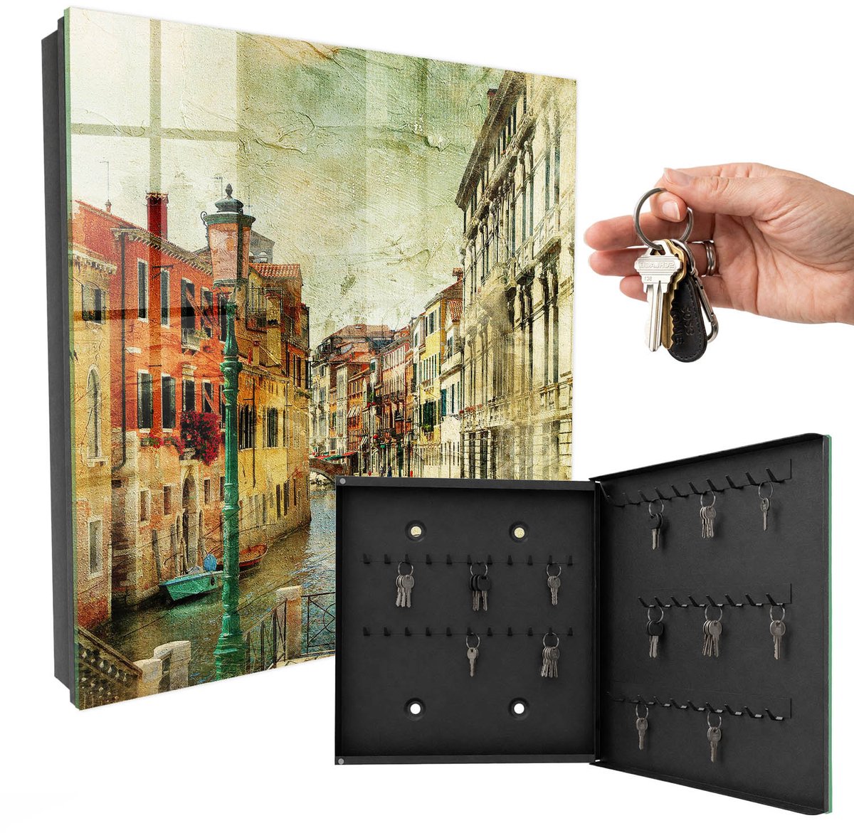WallMuralia - Sleutelkast - 30x30x5 cm - met 50 haken - Kleurrijke Stad Sleutelkastje Muur - Beige Sleutelbox - Rechtsopenend - Zwart interieur