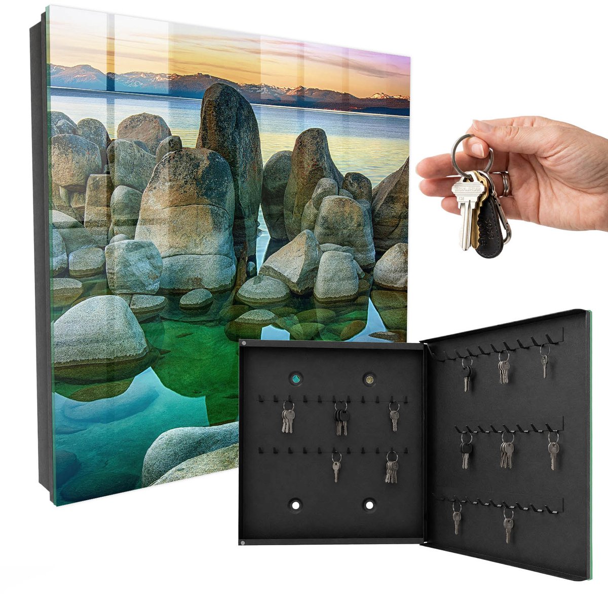 WallMuralia - Sleutelkast - 30x30x5 cm - met 50 haken - Bergvrede Sleutelkastje Huis - Groente Sleutelbox - Rechtsopenend - Zwart interieur