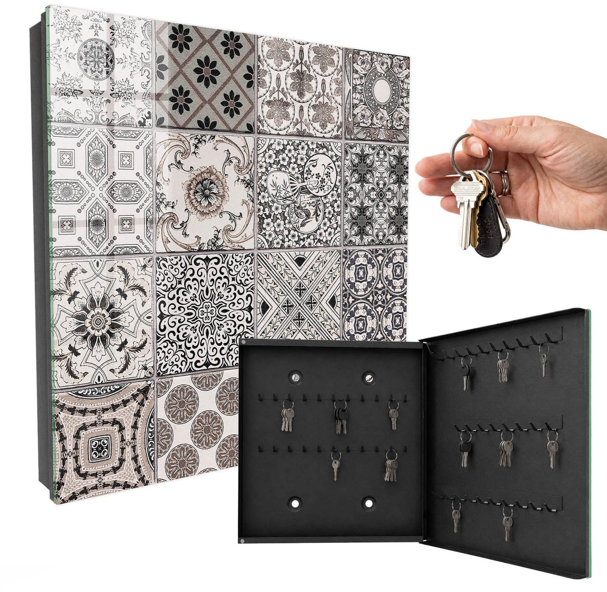 WallMuralia - Sleutelkast - 30x30x5 cm - met 50 haken - Stijlvolle Tegels Sleutelkastje Industrieel - Zwart Sleutelbox - Rechtsopenend - Zwart interieur