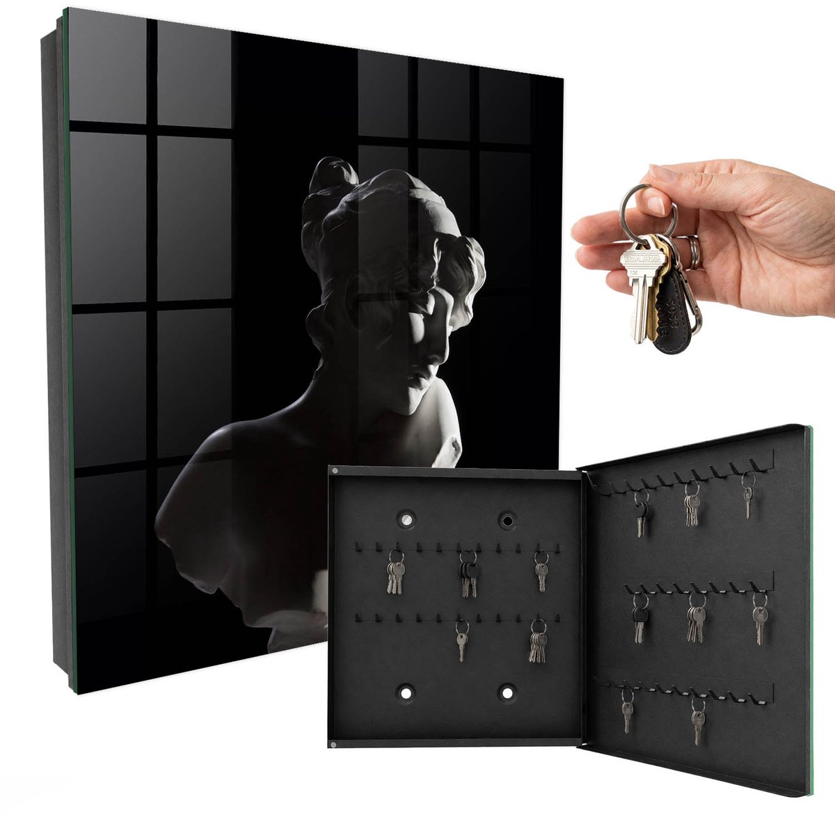WallMuralia - Sleutelkast - 30x30x5 cm - met 50 haken - Subtiele Sculptuur Sleutelkastje Design - Zwart Sleutelbox - Rechtsopenend - Zwart interieur