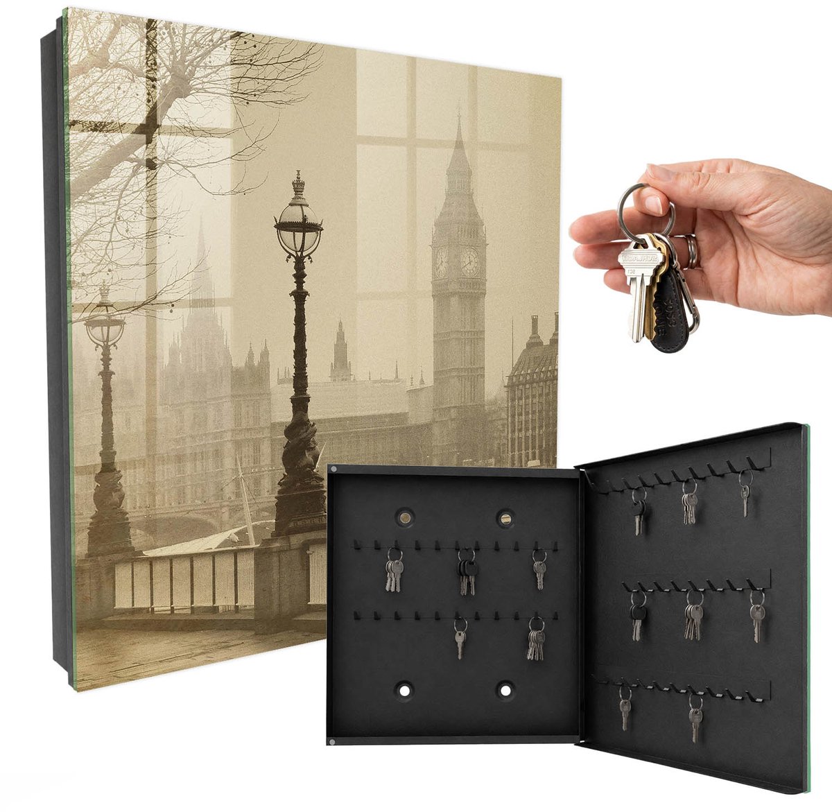 WallMuralia - Sleutelkast - 30x30x5 cm - met 50 haken - Mistig Londen Design Sleutelkastje - Beige Sleutelbox - Rechtsopenend - Zwart interieur