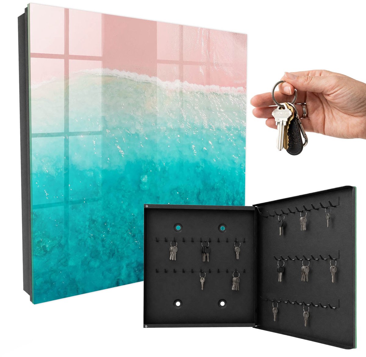 WallMuralia - Sleutelkast - 30x30x5 cm - met 50 haken - Droomstrand Sleutelkastje Muur - Turkoois Sleutelbox - Rechtsopenend - Zwart interieur