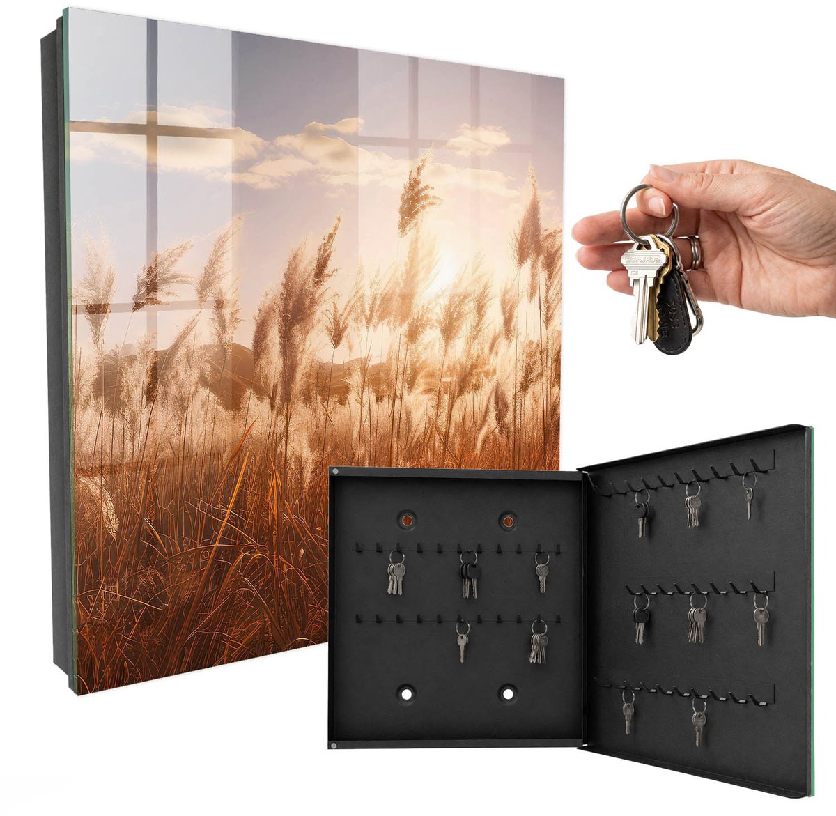 WallMuralia - Sleutelkast - 30x30x5 cm - met 50 haken - Zonsondergang Boven Het Gras Sleutelkastje Klein - Oranje Sleutelbox - Rechtsopenend - Zwart interieur
