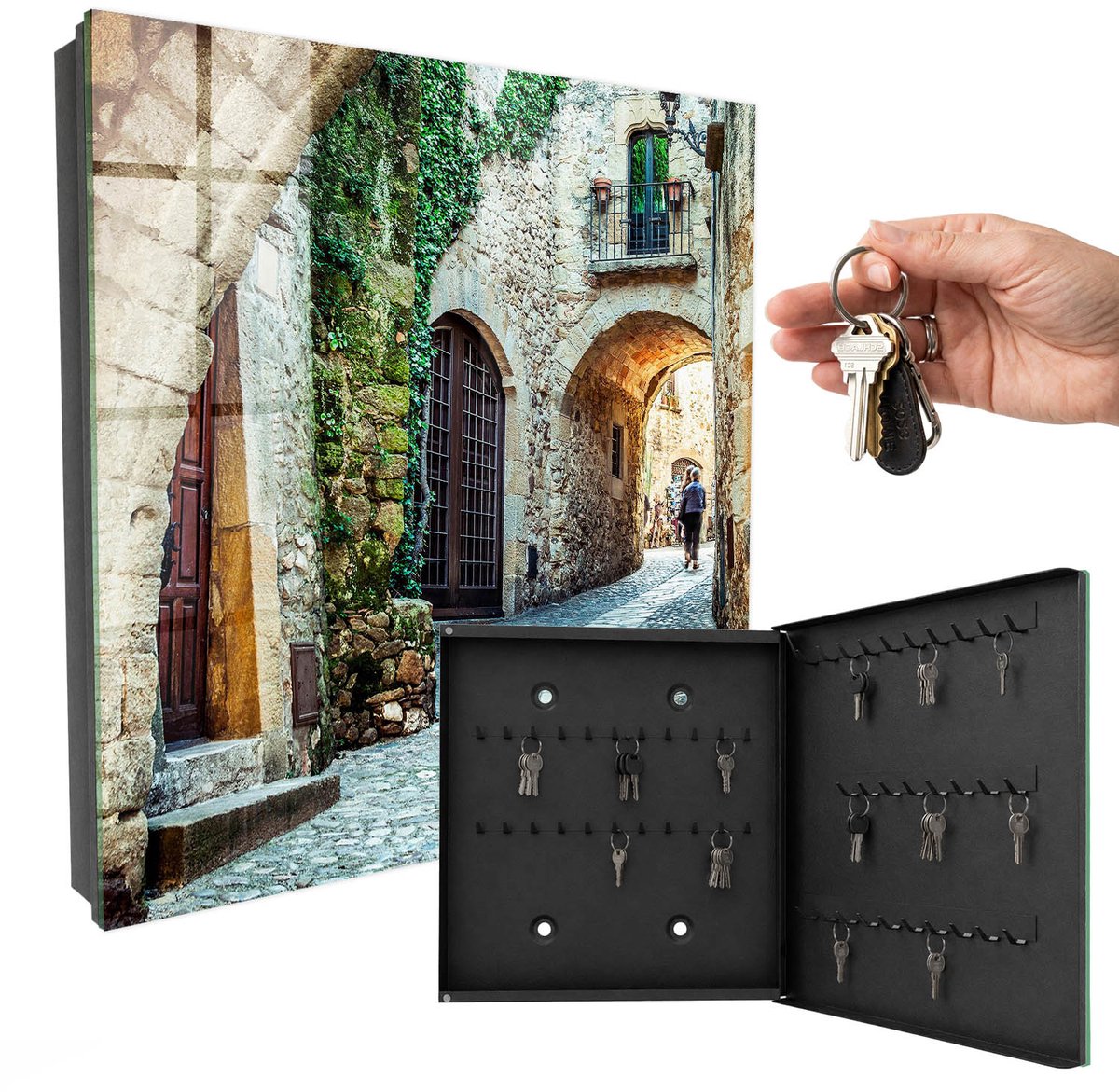 WallMuralia - Sleutelkast - 30x30x5 cm - met 50 haken - Historische Straat Sleutelkastje Hal - Grijs Sleutelbox - Rechtsopenend - Zwart interieur