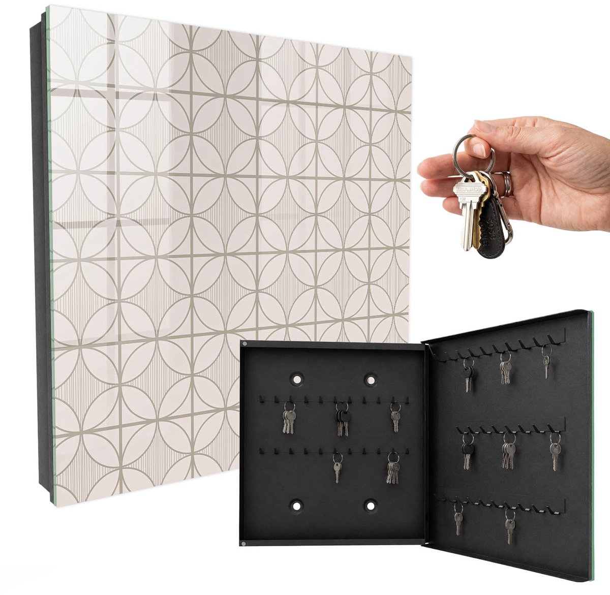 WallMuralia - Sleutelkast - 30x30x5 cm - met 50 haken - Elegante Geometrie Design Sleutelkastje - Beige Sleutelbox - Rechtsopenend - Zwart interieur