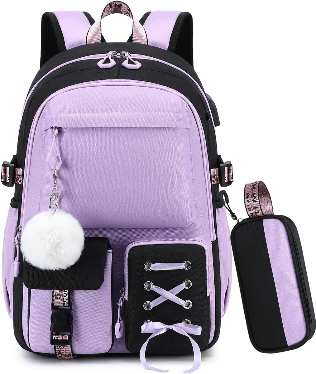 2-delige set schooltassen voor meisjes, waterafstotende kinderrugzak met etui, ideaal voor basisschool en middelbare school, zwart-paars en trendy design