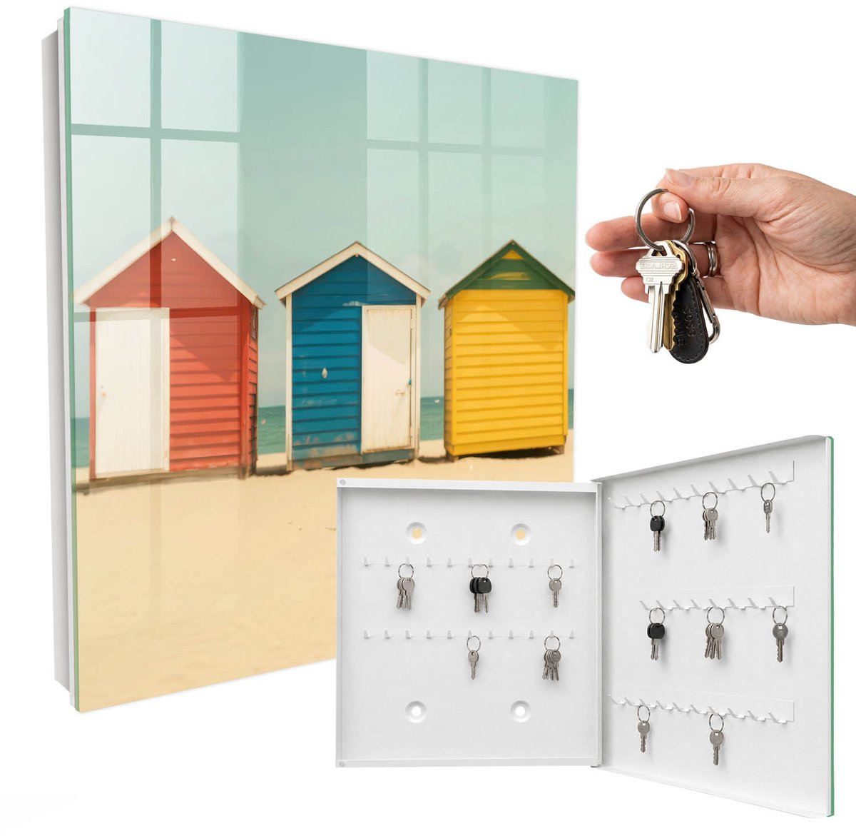 WallMuralia - Sleutelkast - 30x30x5 cm - met 50 haken - Kleurrijke Huizen Sleutelkastje Voor Binnen - Geel Sleutelbox - Rechtsopenend - Wit interieur