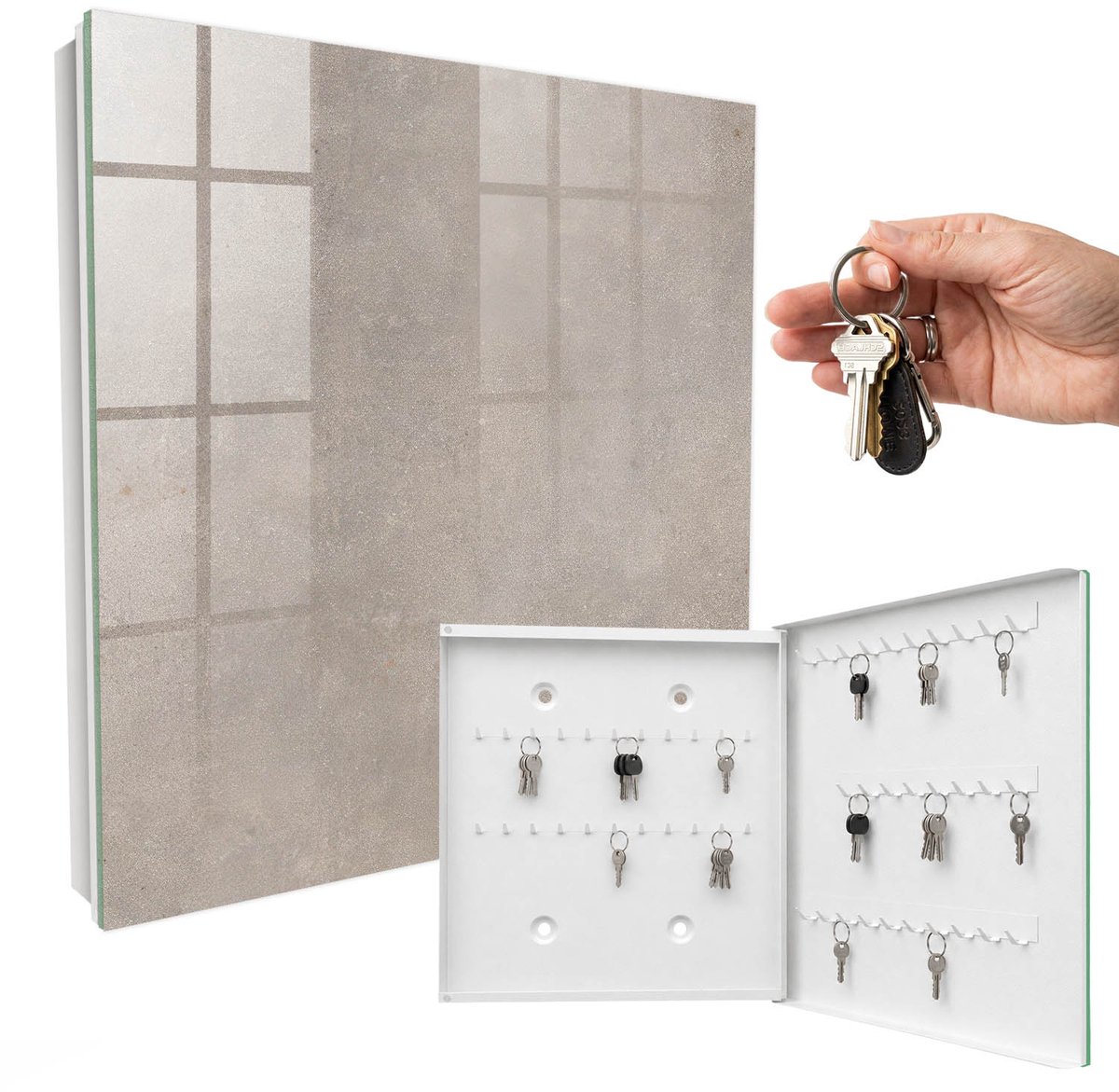 WallMuralia - Sleutelkast - 30x30x5 cm - met 50 haken - Elegante Textuur Sleutelkastje Modern - Grijs Sleutelbox - Rechtsopenend - Wit interieur