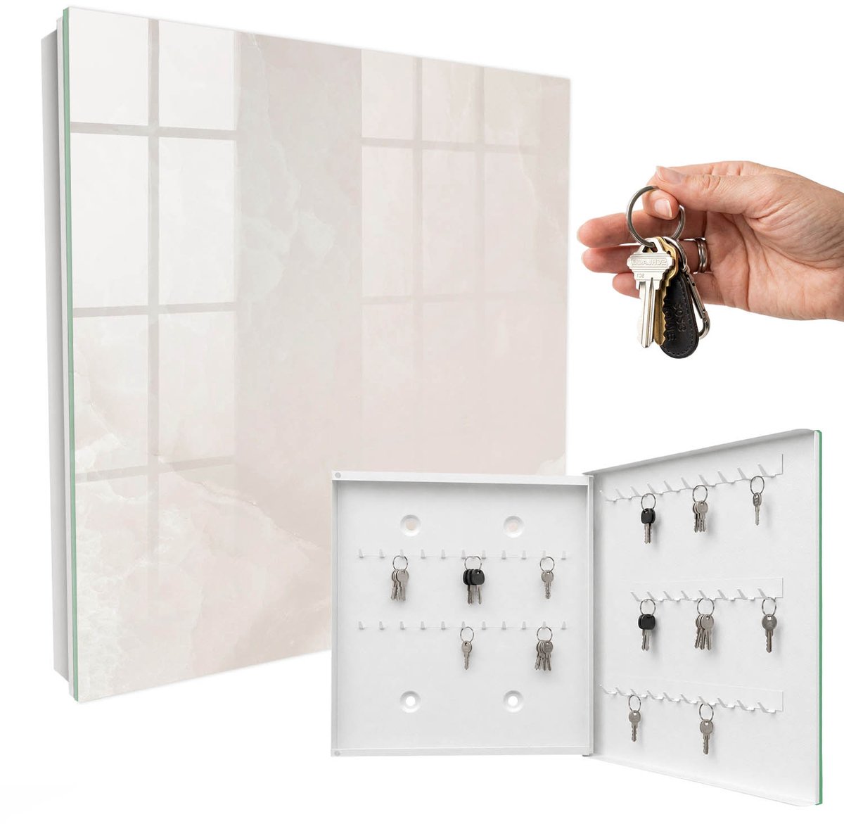 WallMuralia - Sleutelkast - 30x30x5 cm - met 50 haken - Beige Elegantie Sleutelkastje Modern - Beige Sleutelbox - Rechtsopenend - Wit interieur