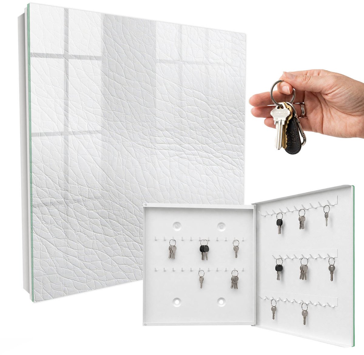 WallMuralia - Sleutelkast - 30x30x5 cm - met 50 haken - Lichte Huidtextuur Sleutelkastje Klein - Wit Sleutelbox - Rechtsopenend - Wit interieur