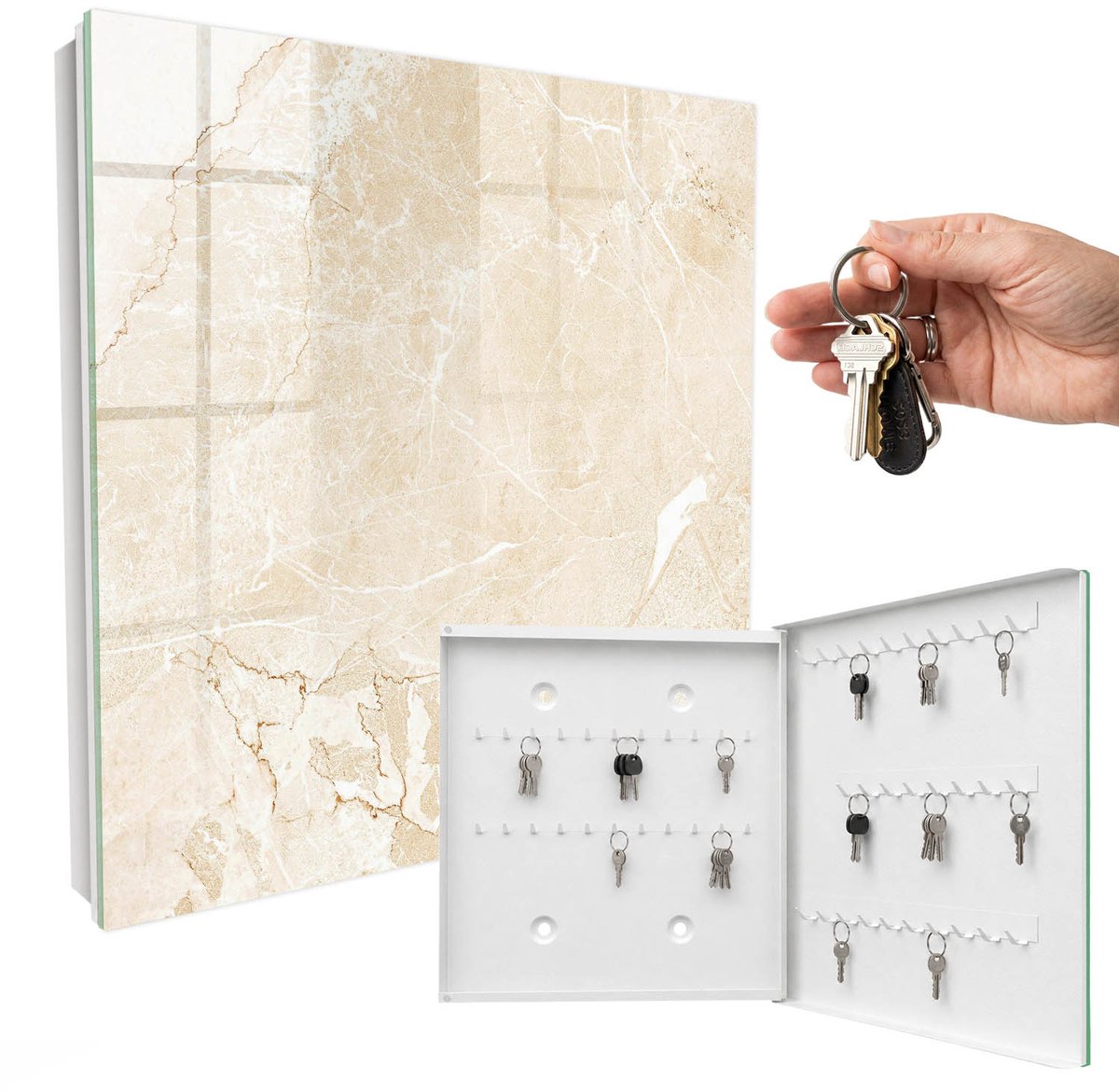 WallMuralia - Sleutelkast - 30x30x5 cm - met 50 haken - Beige Patroon Sleutelkastje Modern - Beige Sleutelbox - Rechtsopenend - Wit interieur