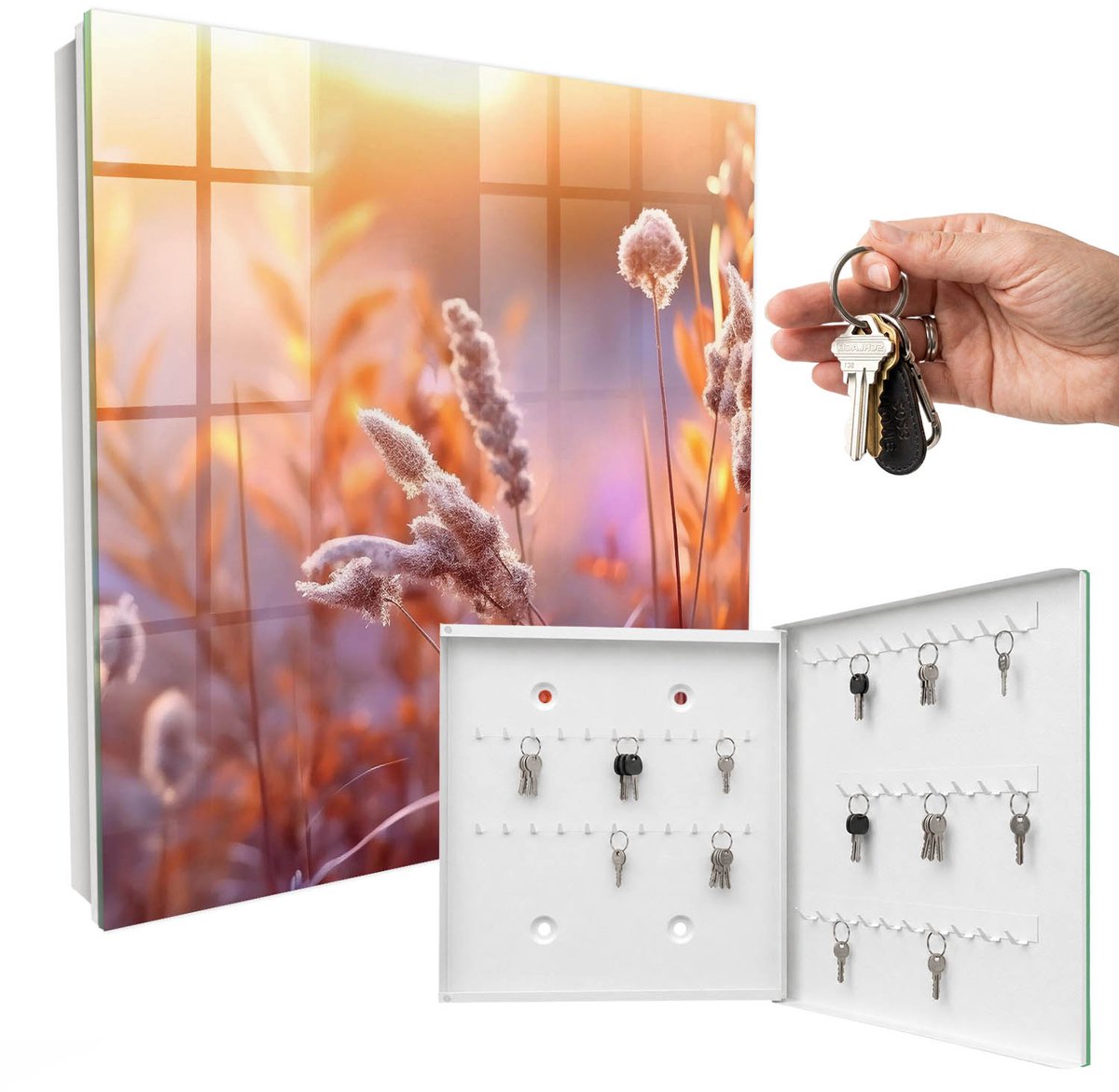 WallMuralia - Sleutelkast - 30x30x5 cm - met 50 haken - Zonsondergang Sleutelkastje Muur - Oranje Sleutelbox - Rechtsopenend - Wit interieur