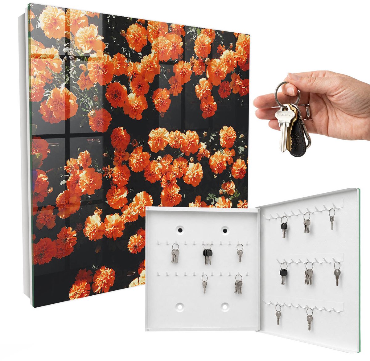WallMuralia - Sleutelkast - 30x30x5 cm - met 50 haken - Bloeiende Overvloed Sleutelkastje Muur - Oranje Sleutelbox - Rechtsopenend - Wit interieur
