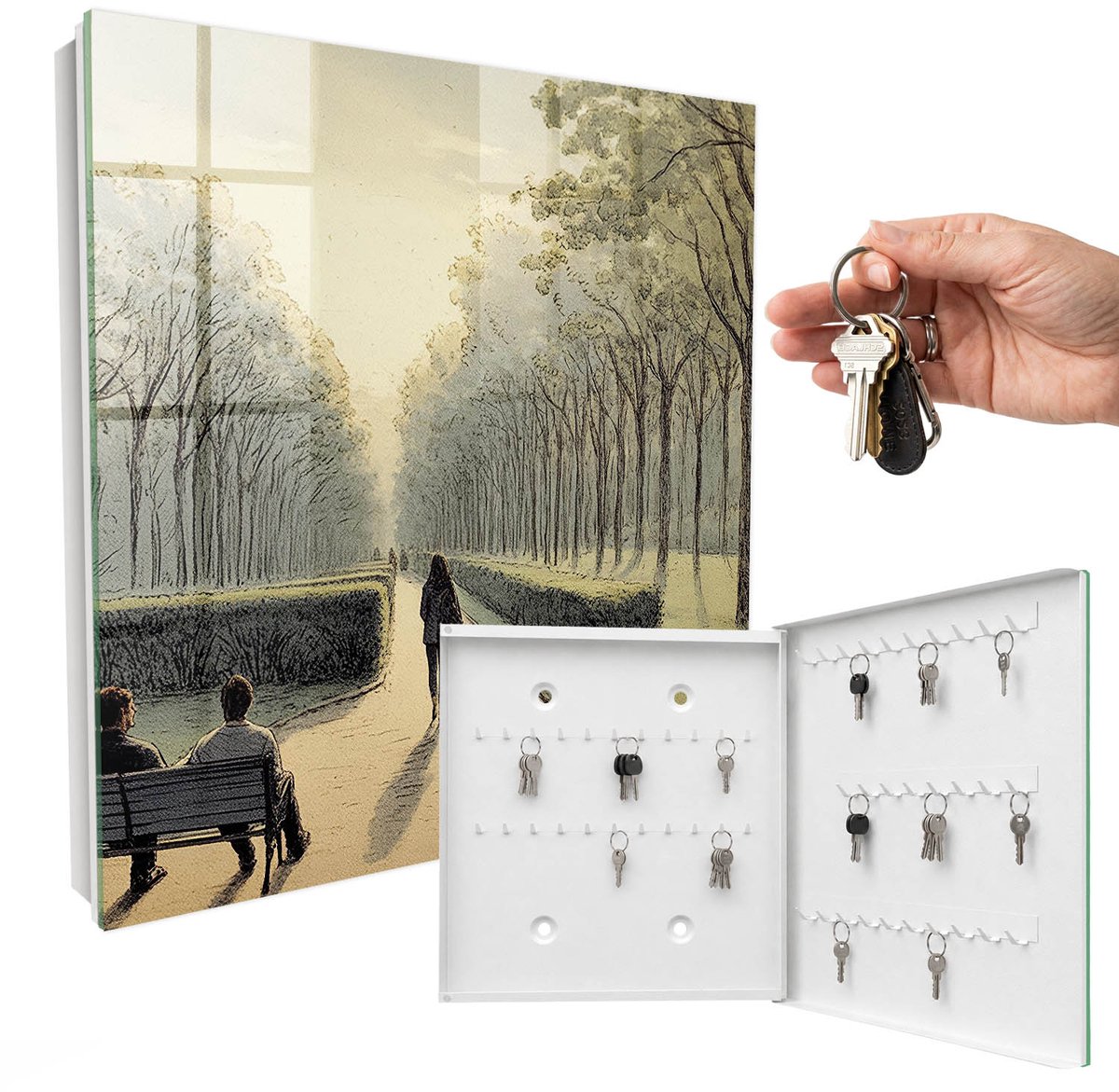 WallMuralia - Sleutelkast - 30x30x5 cm - met 50 haken - Een Wandeling In Het Park Sleutelkastje Muur - Groente Sleutelbox - Rechtsopenend - Wit interieur