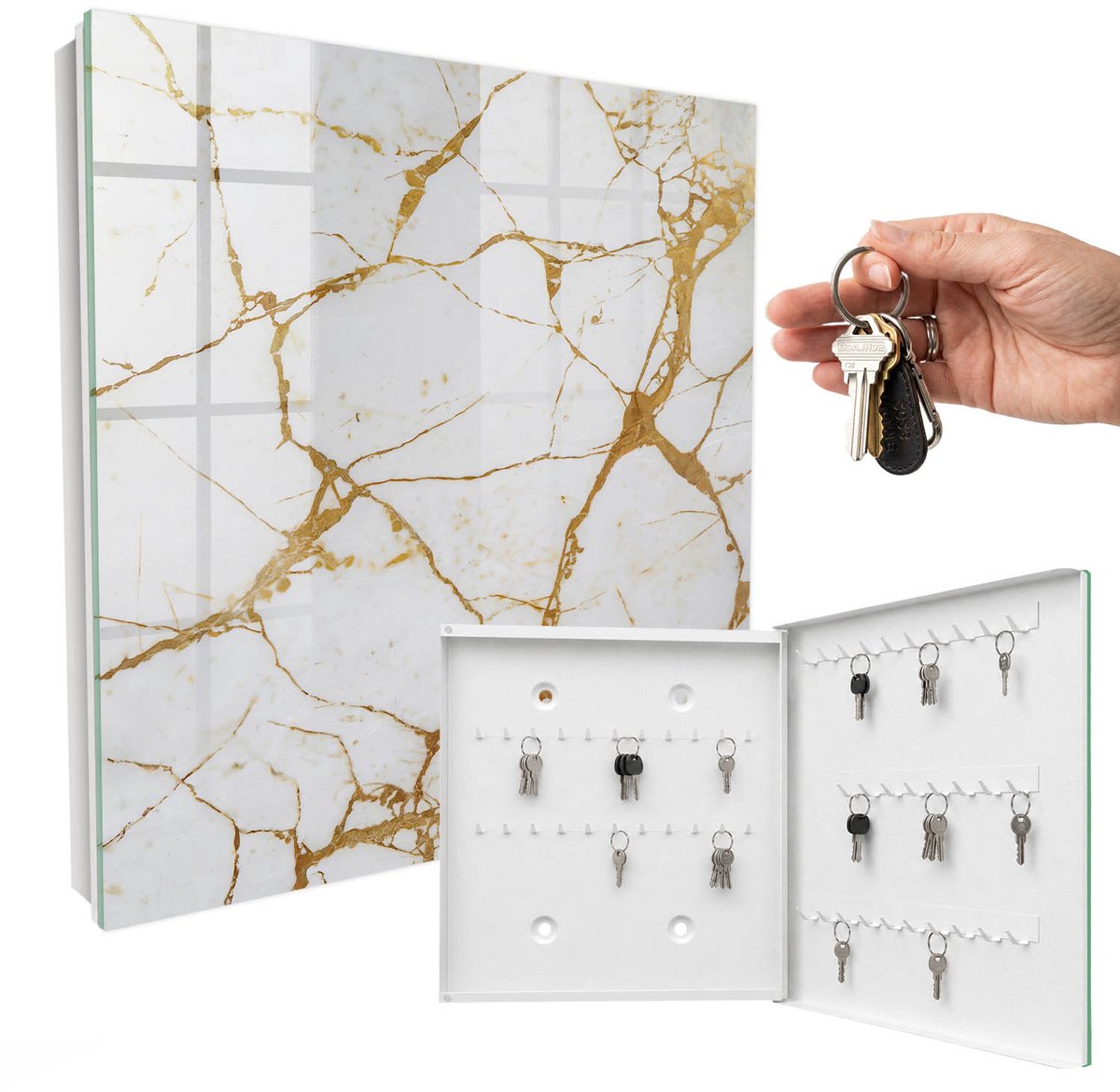 WallMuralia - Sleutelkast - 30x30x5 cm - met 50 haken - Marmerpatroon Sleutelkastje Huis - Wit Sleutelbox - Rechtsopenend - Wit interieur