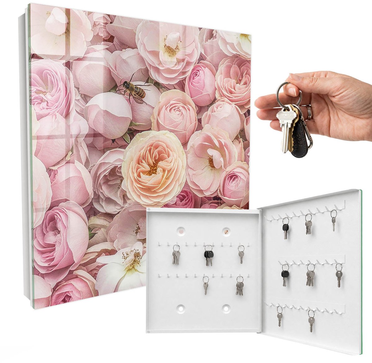 WallMuralia - Sleutelkast - 30x30x5 cm - met 50 haken - Roze, Prachtig Sleutelkastje Binnen - Roze Sleutelbox - Rechtsopenend - Wit interieur