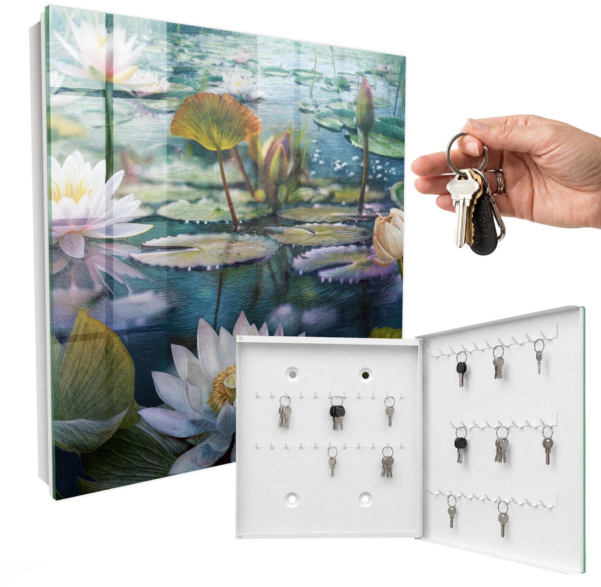 WallMuralia - Sleutelkast - 30x30x5 cm - met 50 haken - Waterbloemen Sleutelkastje Industrieel - Groente Sleutelbox - Rechtsopenend - Wit interieur