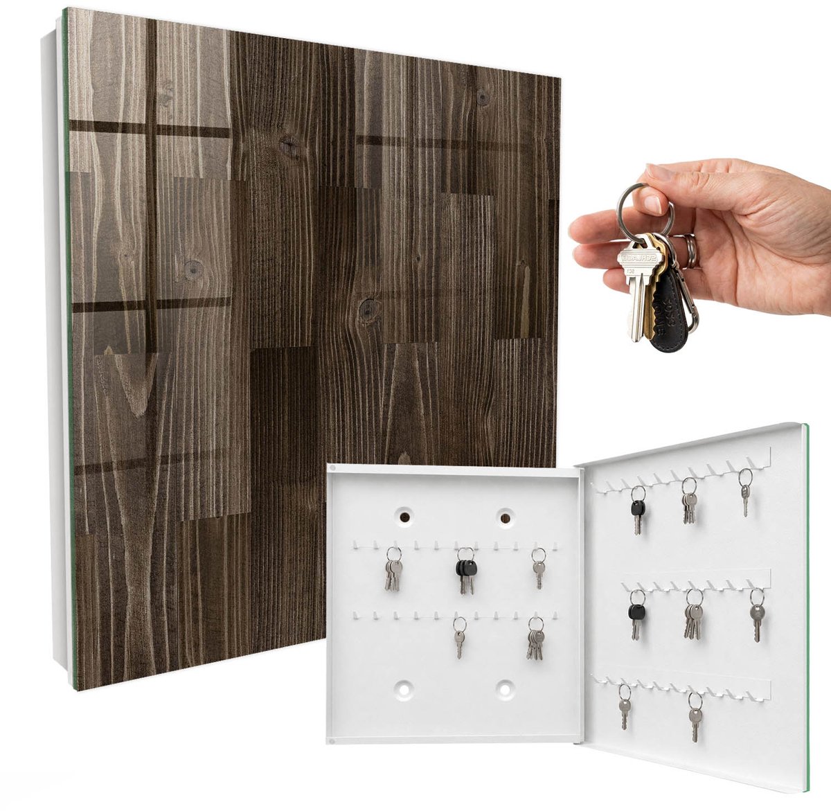 WallMuralia - Sleutelkast - 30x30x5 cm - met 50 haken - Bruin Hout Sleutelkastje Hal - Bruin Sleutelbox - Rechtsopenend - Wit interieur
