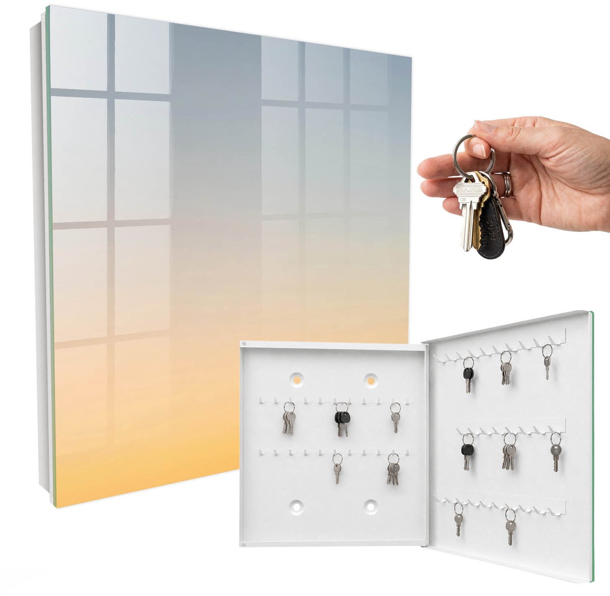 WallMuralia - Sleutelkast - 30x30x5 cm - met 50 haken - Pastel Oost Sleutelkastje Huis - Geel Sleutelbox - Rechtsopenend - Wit interieur