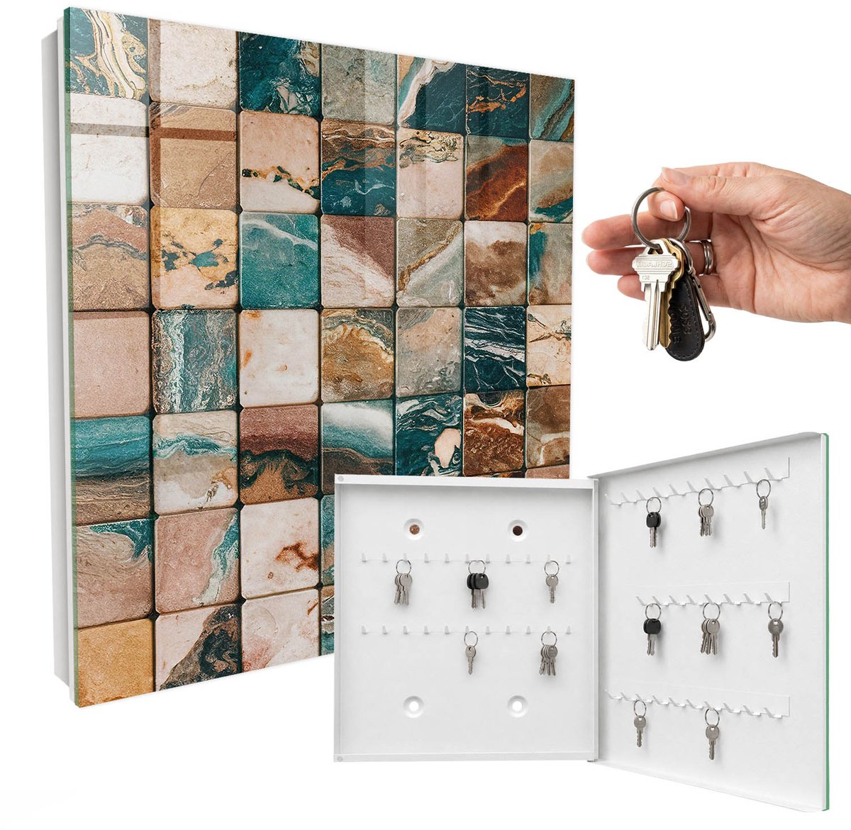 WallMuralia - Sleutelkast - 30x30x5 cm - met 50 haken - Tonale Mozaïek Design Sleutelkastje - Bruin Sleutelbox - Rechtsopenend - Wit interieur