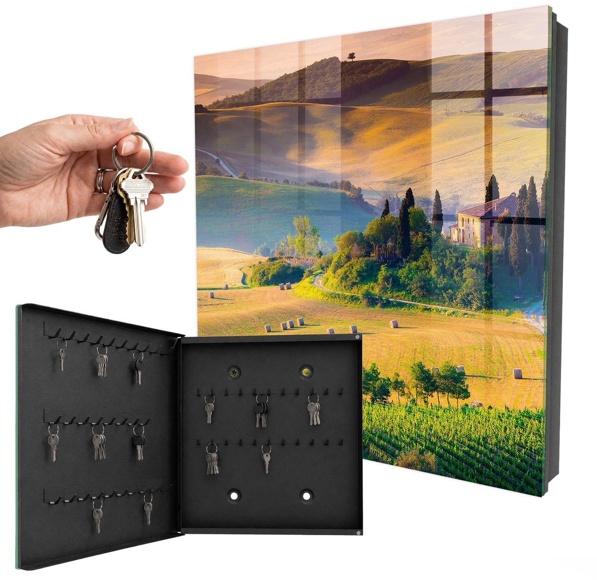 WallMuralia - Sleutelkast - 30x30x5 cm - met 50 haken - Toscaanse Idylle Sleutelkastje Klein - Geel Sleutelbox - Linksopenend - Zwart interieur