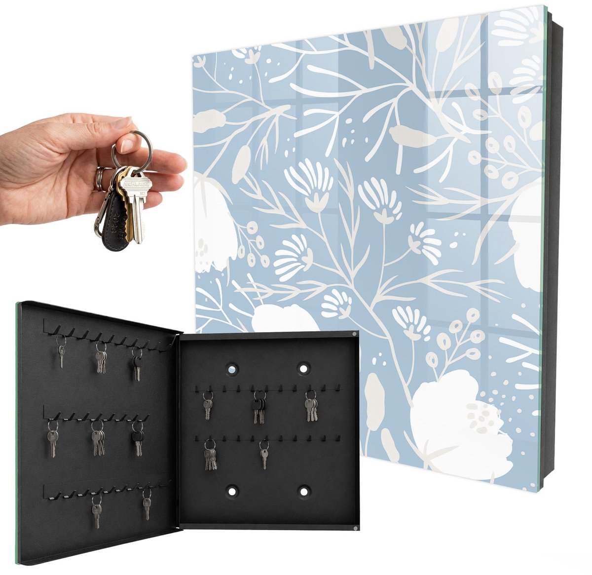 WallMuralia - Sleutelkast - 30x30x5 cm - met 50 haken - Plantmotieven Sleutelkastje Klein - Blauw Sleutelbox - Linksopenend - Zwart interieur