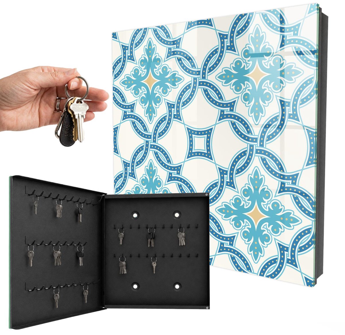 WallMuralia - Sleutelkast - 30x30x5 cm - met 50 haken - Decoratief Mozaïek Sleutelkastje - Turkoois Sleutelbox - Linksopenend - Zwart interieur
