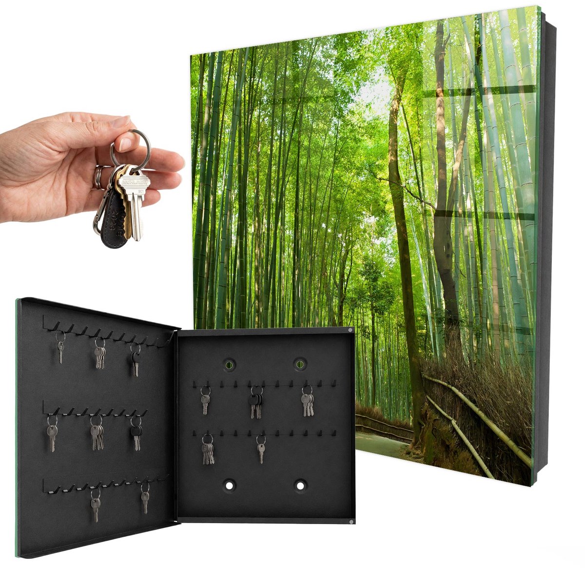 WallMuralia - Sleutelkast - 30x30x5 cm - met 50 haken - Bamboe Pad Sleutelkastje Gang - Groente Sleutelbox - Linksopenend - Zwart interieur